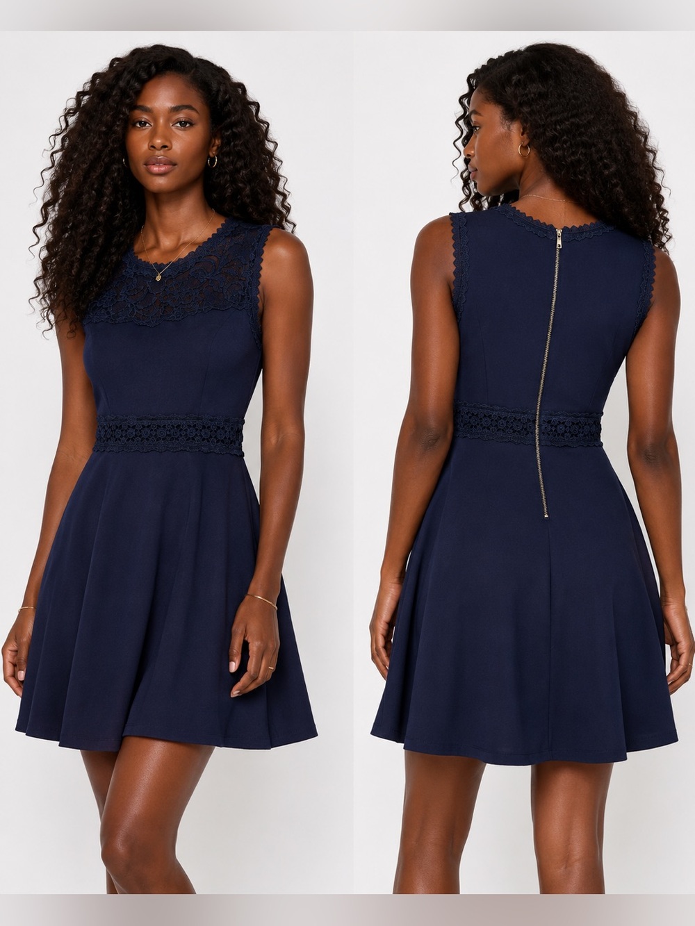 Sleeveless Navy Lace-Trim Skater Dress